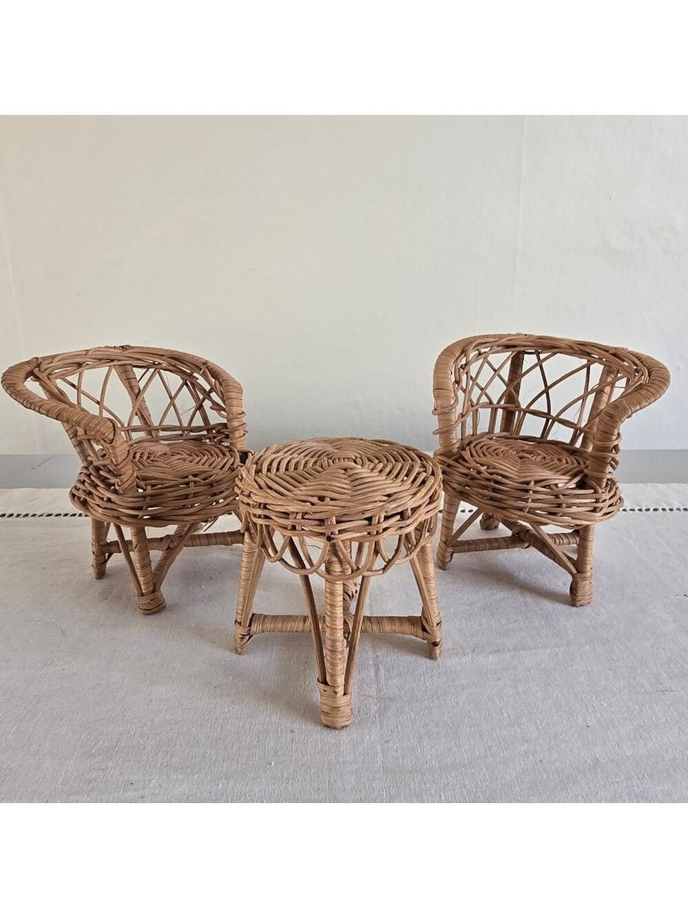 Vintage Three Piece Cute Miniature Rattan Patio Set- Two Chairs And Table